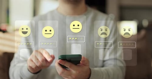 Closeup of Man Hands Using Smartphone Rating of the Quality of Servicestore Service and Social