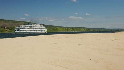 River Landscape of Nature in Central Europe A Cruise Ship Goes Along the River Beautiful Light Sand