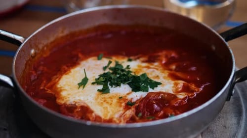Shakshuka in Iron Frying Pan in Israel Cafe