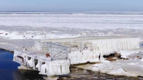 Aerial Ice Bound Pier at Daugava Estuary Near Mangalsala Riga