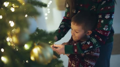 Child and Adult Decorating a Christmas Tree Together
