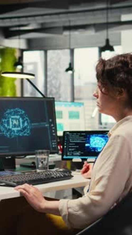 Vertical Video Office Administrator Checking Monthly Reports with AI Analytics Platform