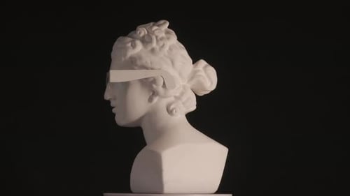 Closeup Shot Ancient Marble Bust Statue of Roman Era Woman in 3d Glasses Spinning Round on a