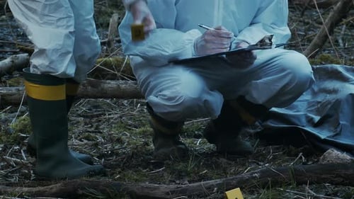 Forensic Specialist Working in the Forest Police Criminalists Collecting Evidence and Making