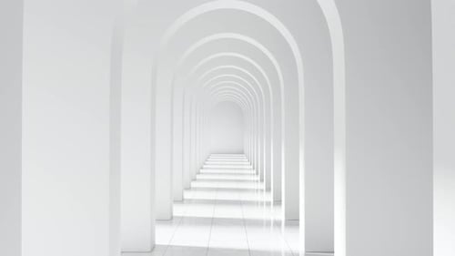 Weißer gewölbter Korridor mit sich wiederholender Symmetrie 3D-Animation