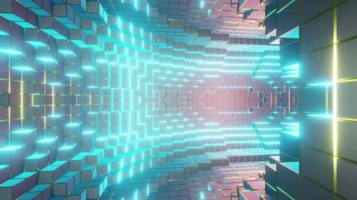 Turquoise abstract background inside rotating pixel torus tunnel 3d render. Seamless looped. NFT