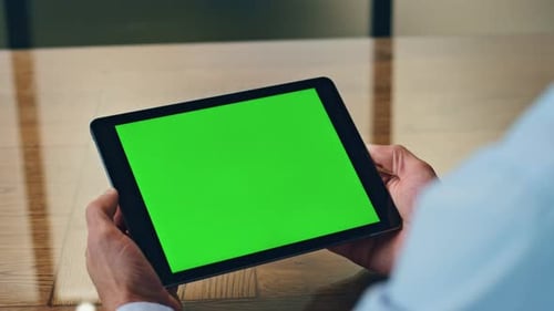 Manager Hands Using Chromakey Tablet Office Closeup
