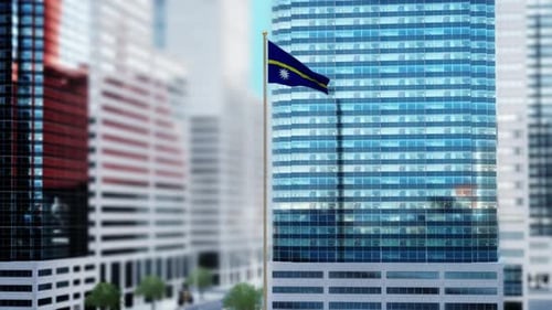 3D Nauru Flag Waving in Front of Corporate Skyscraper