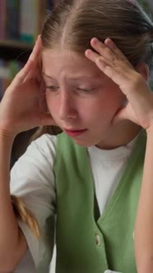 Anxiety Caucasian Little Girl School Child Kid Feeling Burnout Despair Reading Book Pupil Daughter