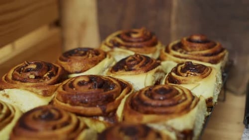 Freshly baked cinnamon rolls cooling on kitchen top, filmed as close up style with handheld slider s