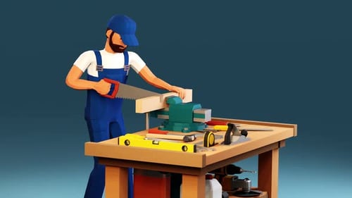 3d worker saws a board clamped in a vise with a hand saw