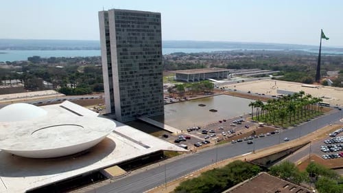 Paisagem aérea do prédio do Congresso Nacional no centro de Brasília, Brasil. Paisagem urbana do centro da cidade de ca