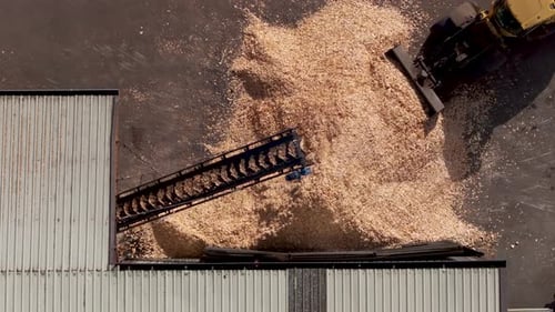 Transport von Holzspänen mit Förderband und Lader im Sägewerk. Aufnahme von oben nach unten