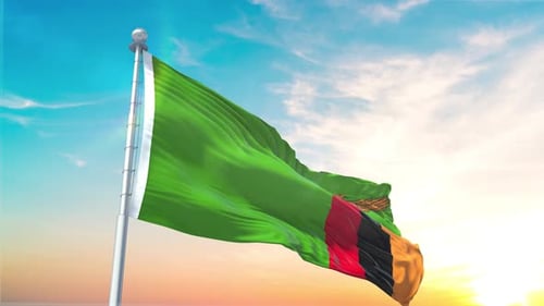 Realistic 3D Flag of Zambia Waving Against a Vibrant Sky