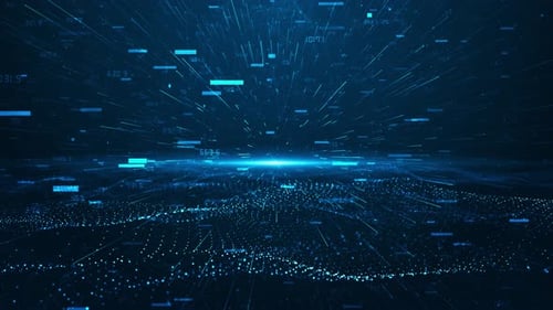 Futuristischer Gittermatrix-Bewegungshintergrund mit leuchtenden Zahlen. Abstrakte Datenvisualisierung, digitale Cyber