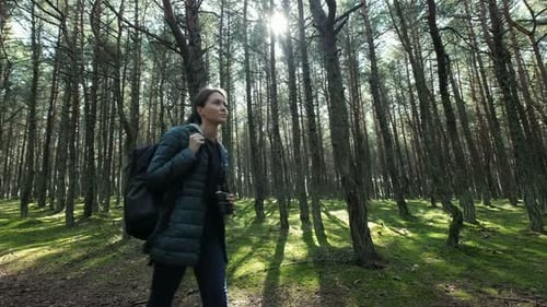Young woman hiking in spring sunlight through a lush green forest landscape