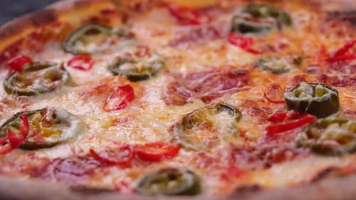 Close Up Shot of Delicious Pepperoni Pizza with Mozzarella Cheese Straight Out of the Oven