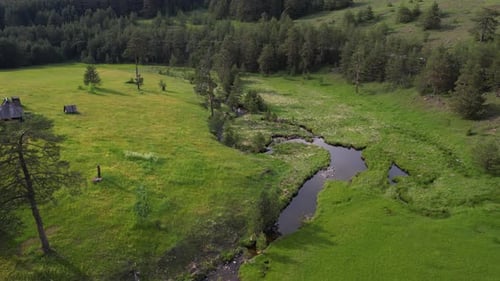 Drone Shot of Mountain Creek Under Hills Between Meadows and Forest