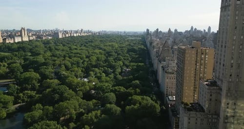 Flight over Central Park and Fifth Avenue, Manhattan, New York, USA