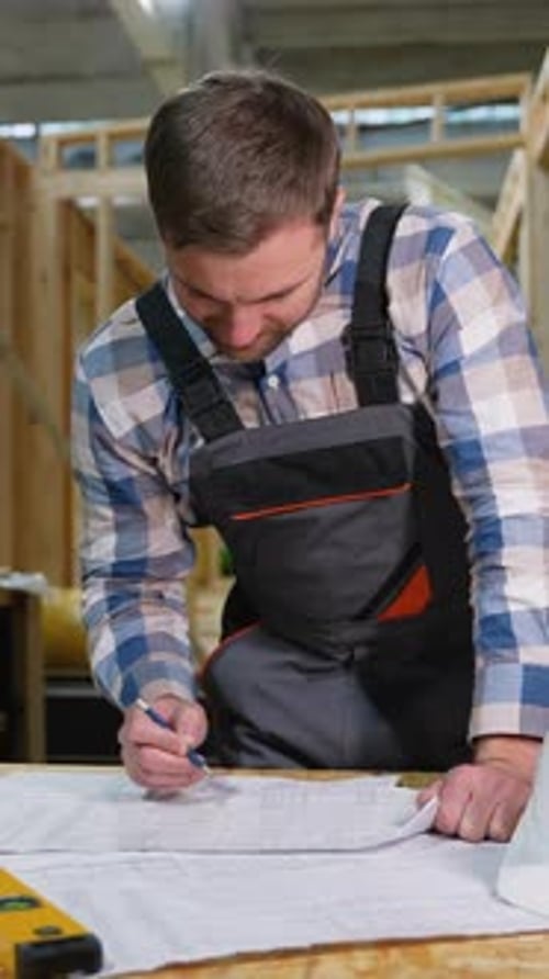 Engineer Reviewing Blueprints at Modular House Factory