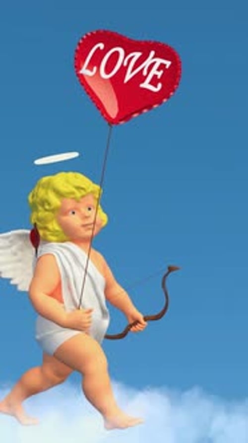 A funny angel cupid walks with a balloon on a cloud against the blue sky.
