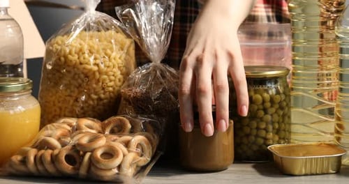 Pantry staples and food donations close up view