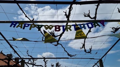 Happy Birthday decoration and colorful shiny paper garland in the garden.