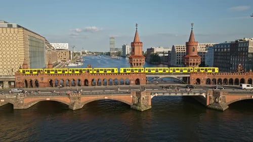 Aerial view of train crossing The Oberbaum Bridge , Berlin , Germany