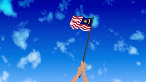 Animated Malaysian Flag Waving Held by Hands Against Blue Sky