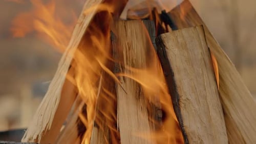 Burning Fire on Stacked Wood Close Up