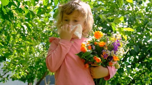 Little Girl with Bouquet Sneezes, Has Hay Fever
