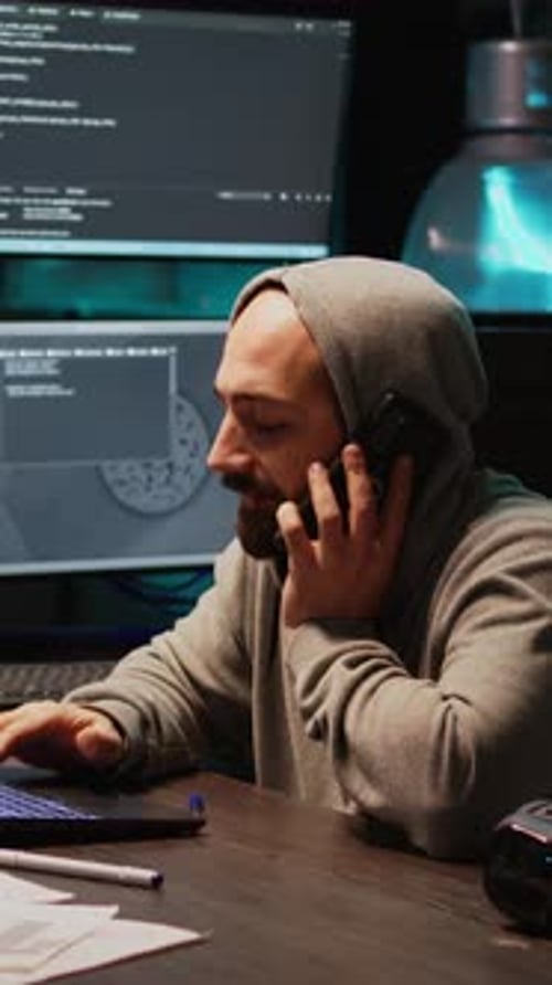 Vertical Video Young Programmer Talking on Phone Call in IT Developing Office