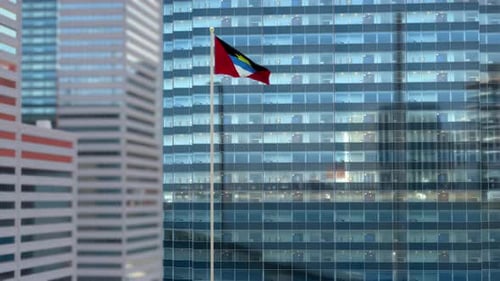 Antigua and Barbuda Flag 3D Render Animation Waving Against Glass Office Building – Daylight Scene