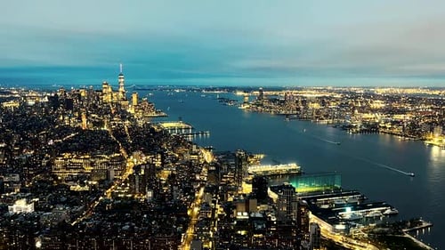Time lapse at night of the Hudson River and Manhattan in New York City