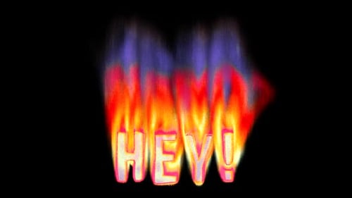 Hey! - Burning text in pixelated retro-styled fire. Loop 3d animation on alpha.