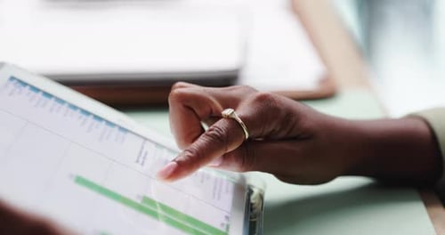 Hands, tablet and screen with graphs, revenue and review for company sales