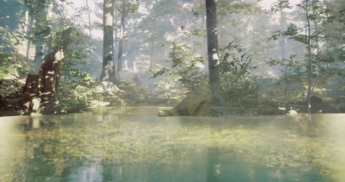 Lush Forest Landscape with Serene Water and Dappled Sunlight in the Morning