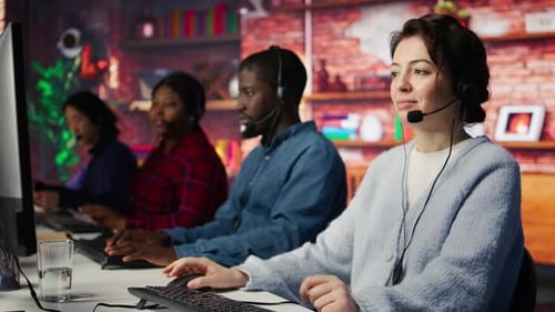 Team of Call Center Agents Working