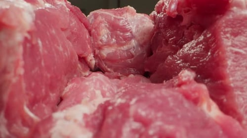 Raw Minced Meat Macro Probe Lens Beef or Pork Red Minced Burger Meat Close Up Tunnel Rotation