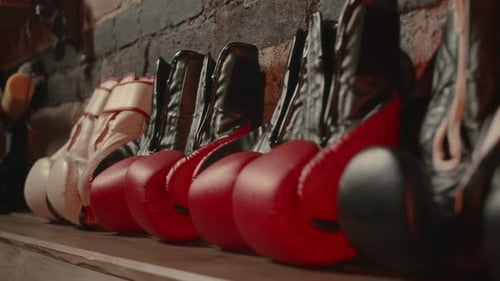 Boxing Gloves Row on Shelf in Gym