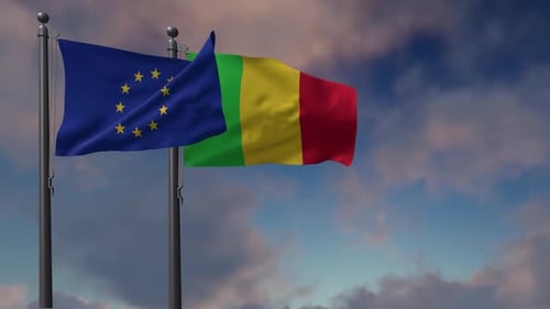 European Union And Mali Flags Waving On Flagpoles
