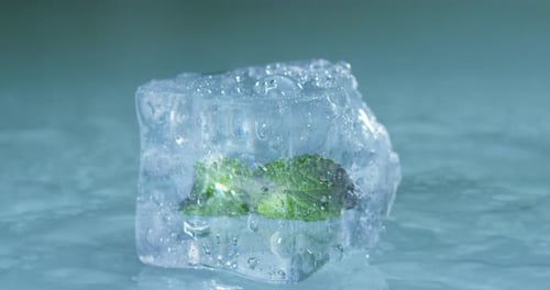 Close up of a professional crystal ice cube with mint inside for cocktail preparation at the bar o