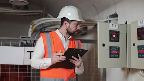 Electrical Engineer Inspects Electrical Control Panel in Server Room and Makes Notes