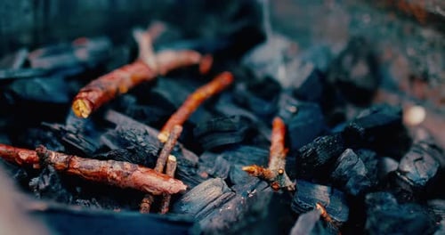 Closeup of Coal in Grill Pouring Ignition Fluid for Making Fire Cooking on Coals Prores