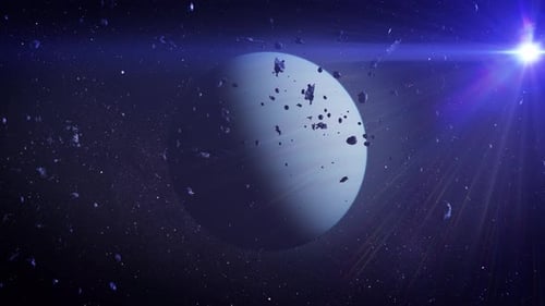 Ein leuchtend blauer Planet mit Asteroiden.