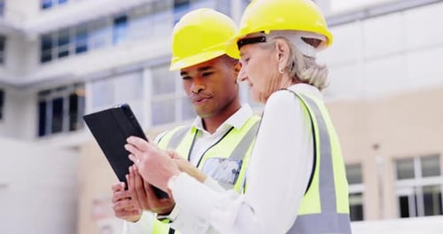Tablet-, Inspektions- oder Techniker, die Bau-, Bau- oder Wartungsarbeiten auf dem Dach planen