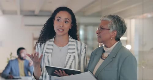 Happy woman, tablet and laughing for funny joke, meme or comedy in team building at office