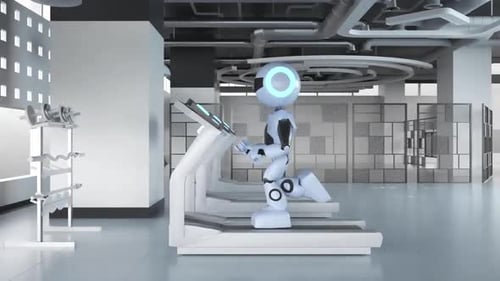 human robot walking on a treadmill, space station, cyber world, fantasy, 3d render