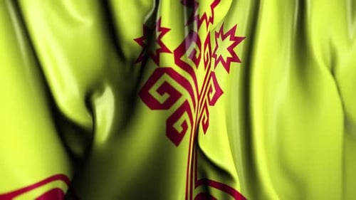 Realistic Waving Yellow Flag with Red Tree of Life Symbol