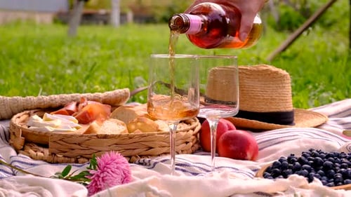 Rose Wine Picnic in a Beautiful Green Meadow